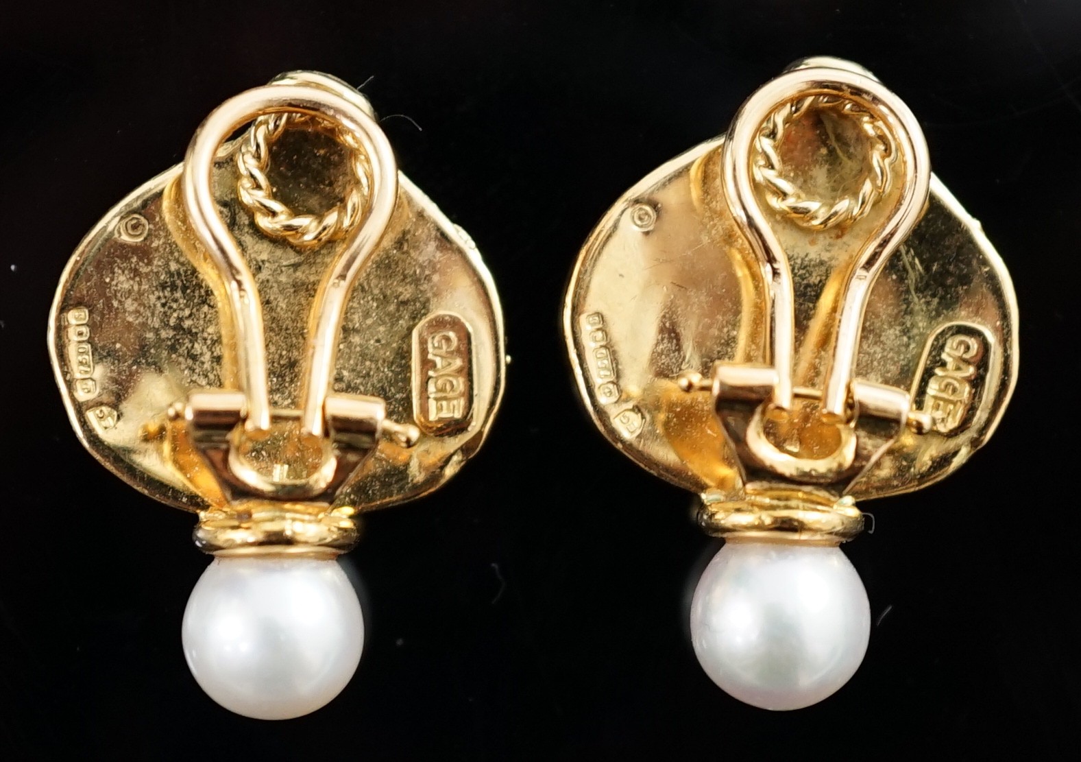A pair of 1990's 18ct gold and cultured pearl set shiraz ear clips by Elizabeth Gage